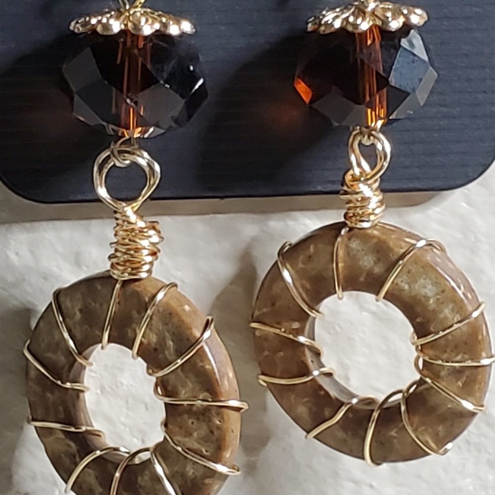Sexy Gold Cap Flower, Burnt Orange Bead with Wire Wrapped Round Wood Earrings.